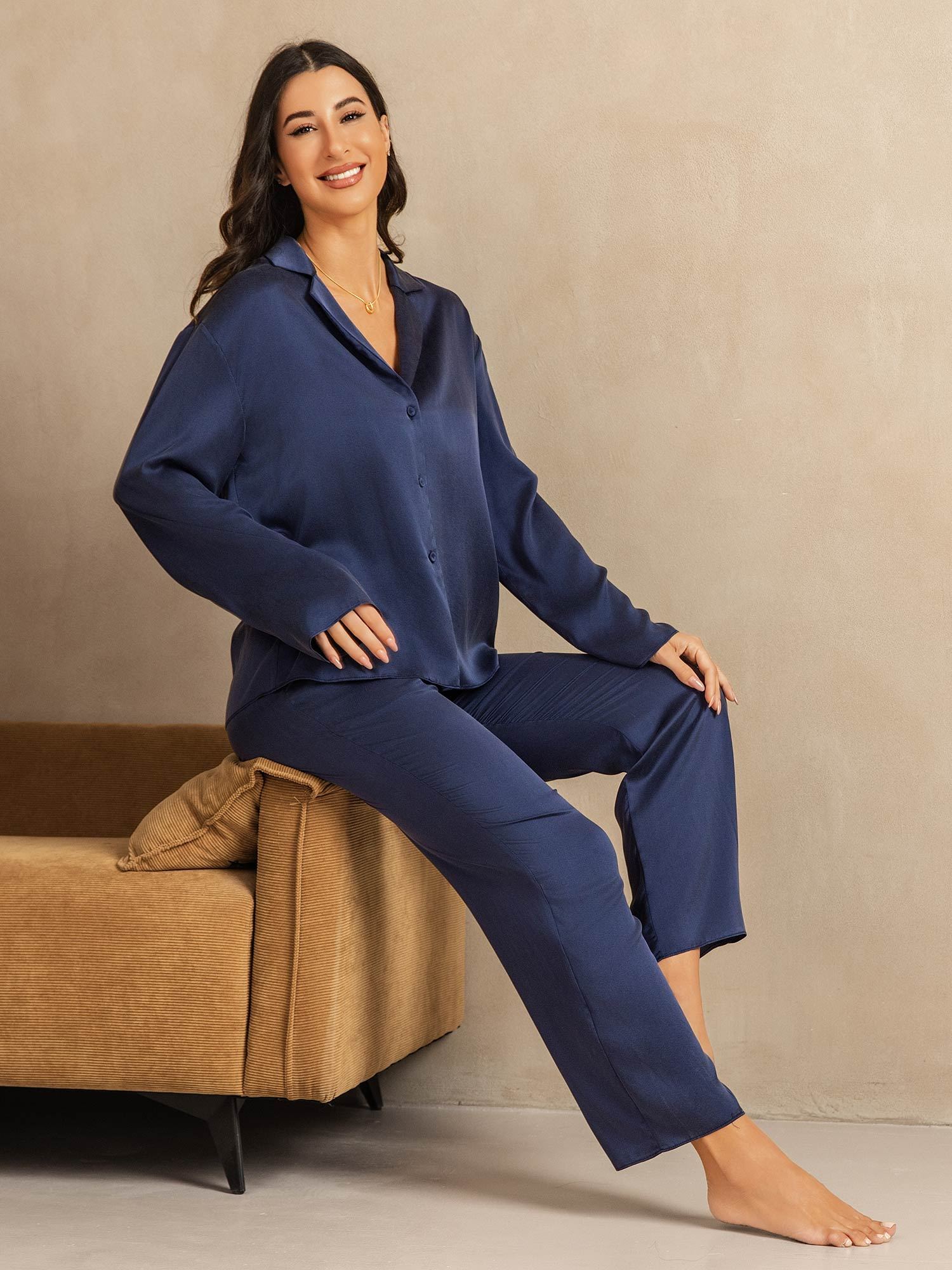 [Tummansininen] SilkSilky-FI 19Momme Womens Pajamas 008