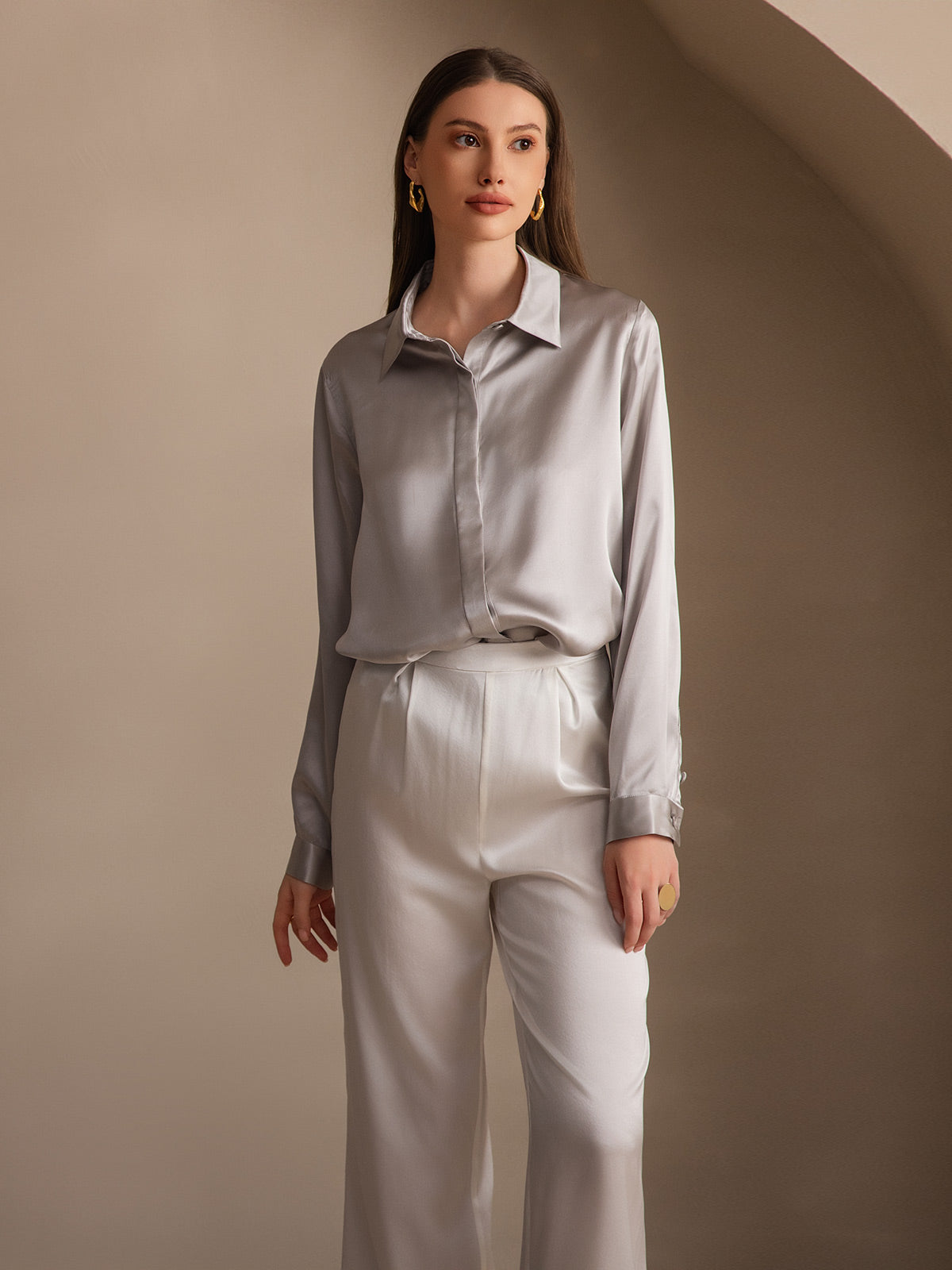 [Vaalean Harmaa] SilkSilky-FI 19Momme Lapel Collar Naisten paita 006