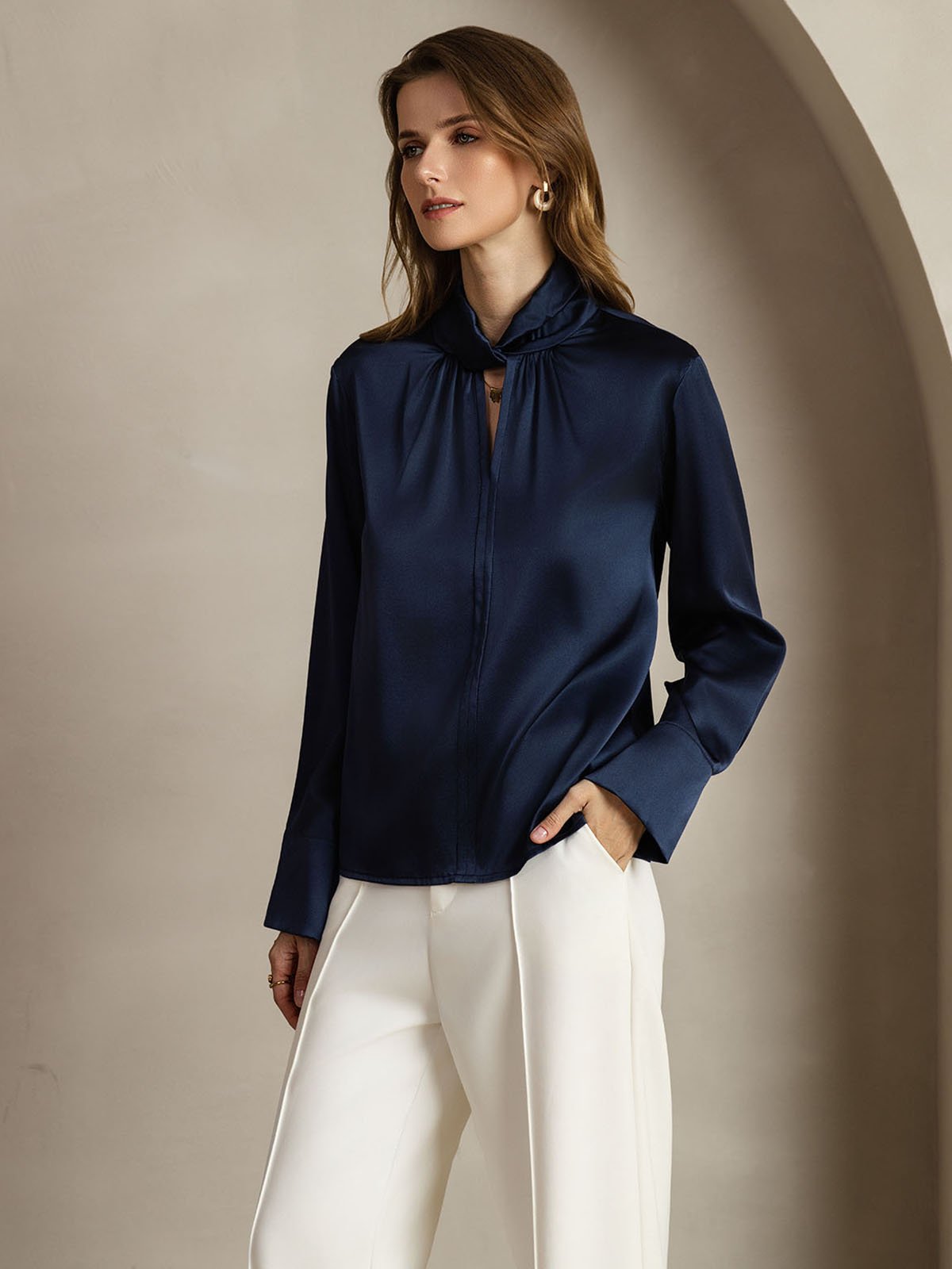 [Tummansininen] SilkSilky-FI 19Momme Womens Shirt 003
