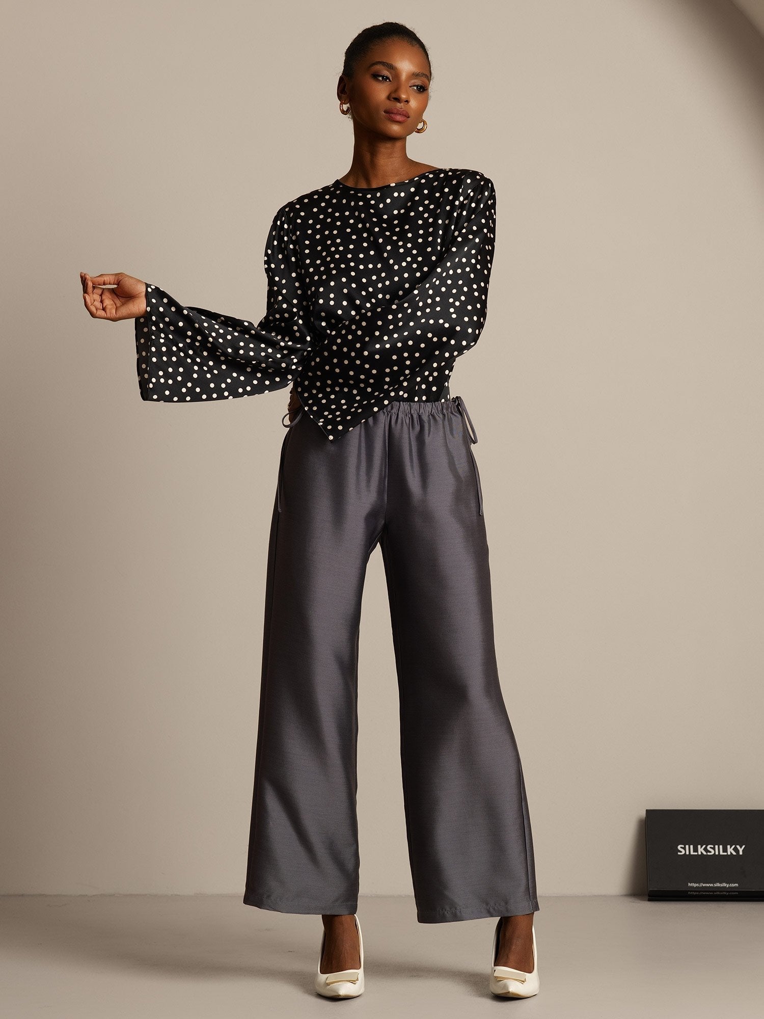 [Harmaa] SilkSilky-FI 32Momme Silk-Wool Blend Womens Pants 006,