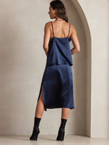 [Tummansininen] SilkSilky-FI Spaghetti Strap Cowl Neck Camisole Top 002
