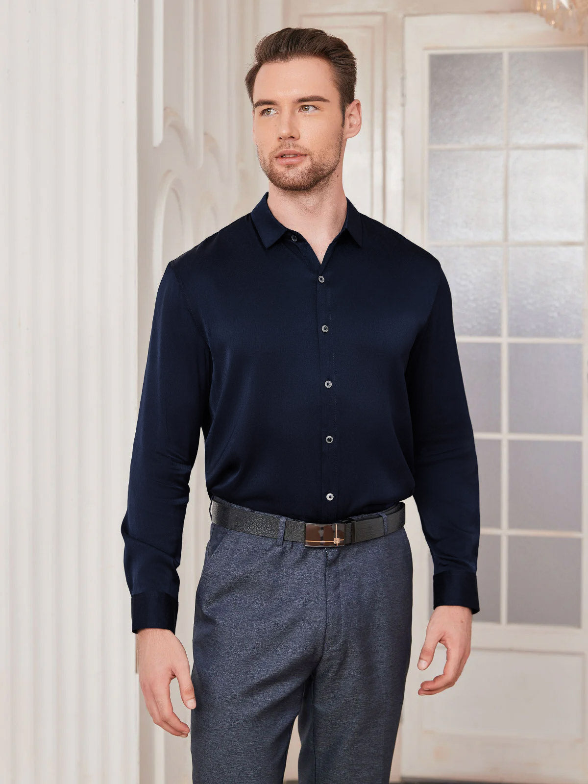 [Tummansininen] SilkSilky-FI Silk Long Sleeve Collar Miesten Paita 003