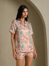 [Vaaleanpunainen Fauna] SilkSilky-FI Short Sleeve Notch Collar Naisten Pyjamat 003