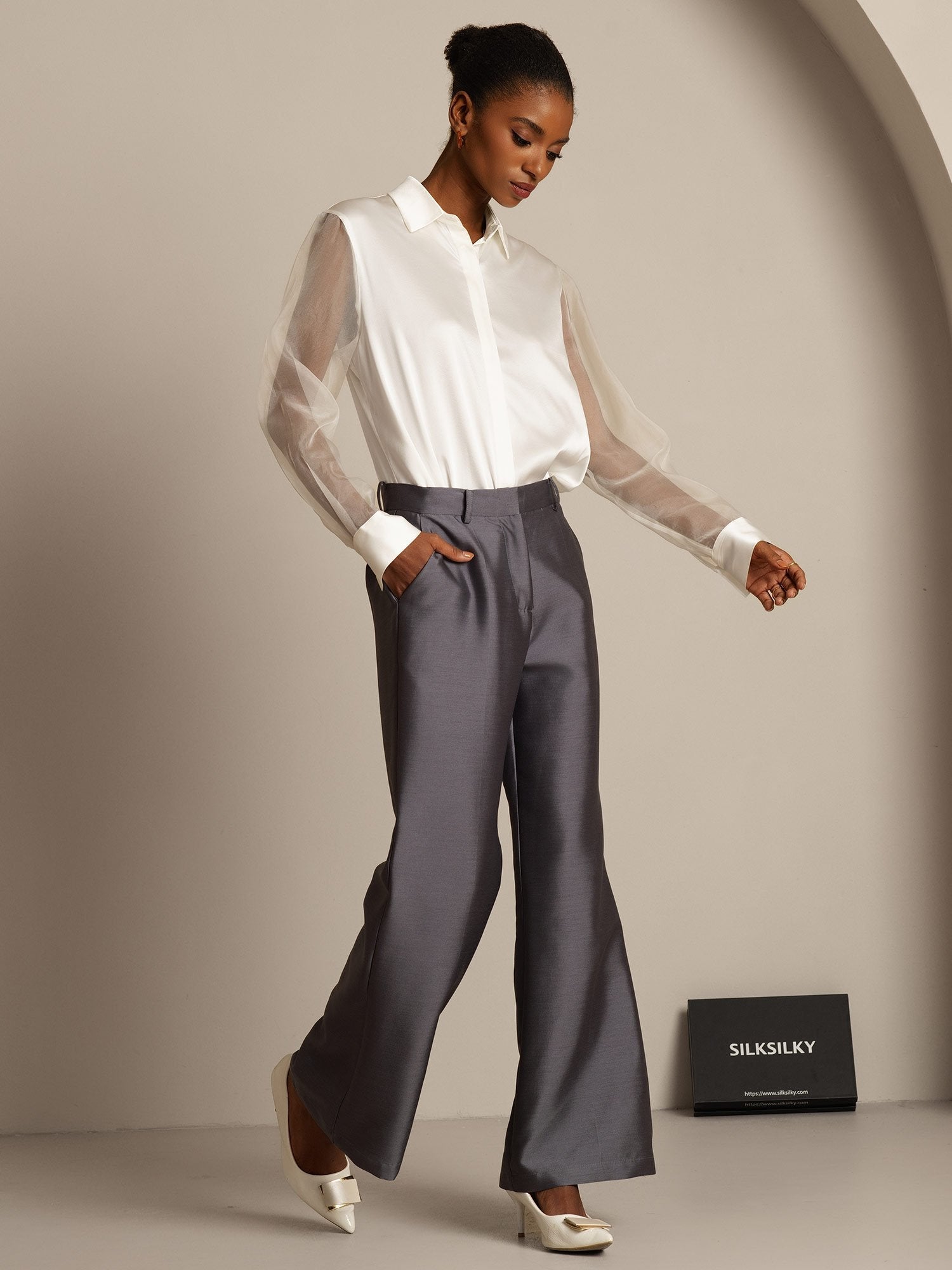 [Harmaa] SilkSilky-FI 32Momme Silk-Wool Blend Womens Pants 008,