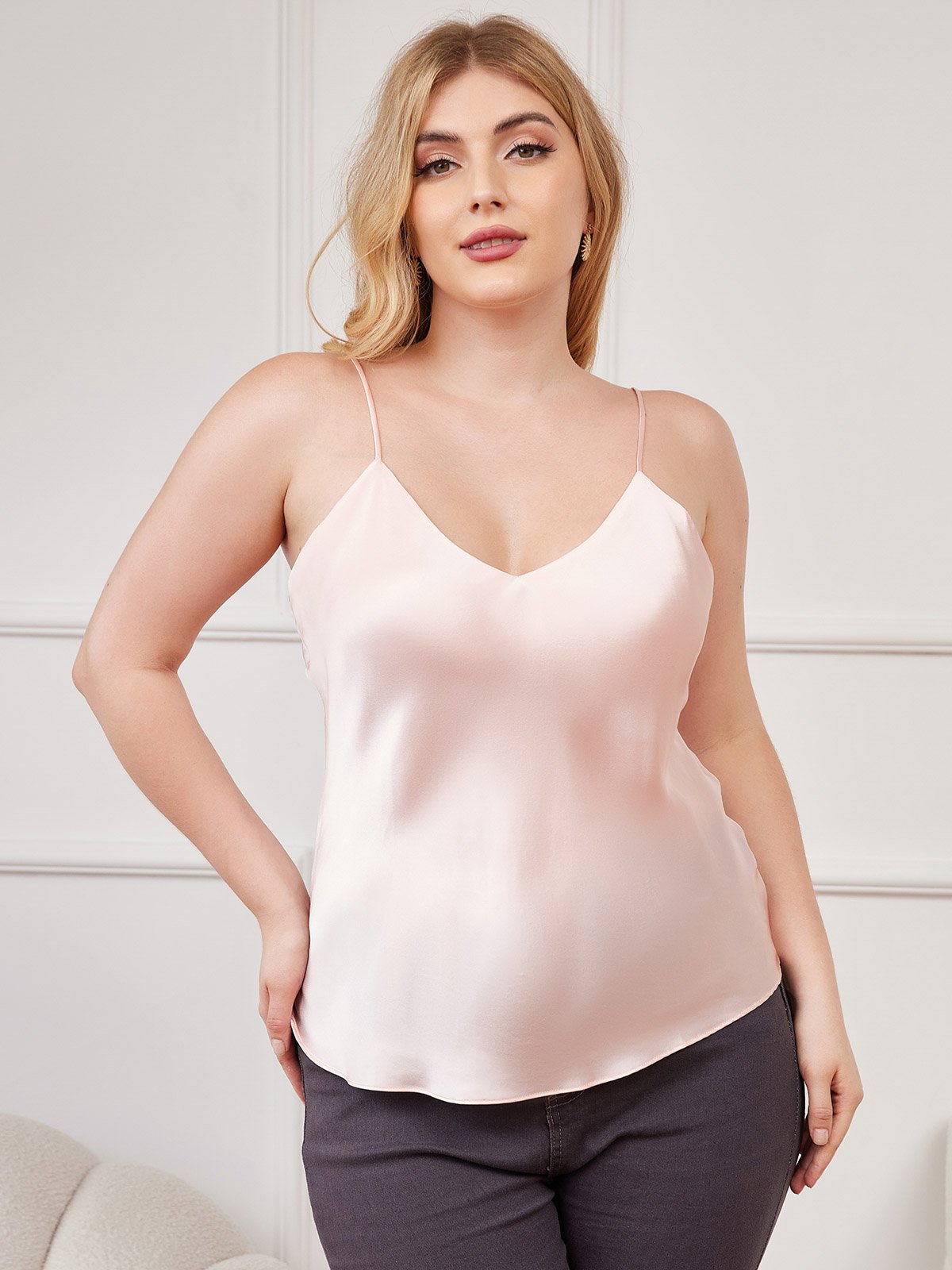 [Pinkki] SilkSilky-FI Pure Silk Deep V Neck Plus-koon Camisole Top 003