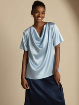 [Harmaansininen] SilkSilky-FI Short Sleeve Cowl Neck Naisten Puserot 004
