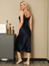 [Tummansininen] SilkSilky-FI Spaghetti Strap V Neck Yöpaita 002