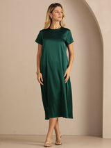 [Tummanvihreä] SilkSilky-FI Short Sleeve Round Neck Mekko 005