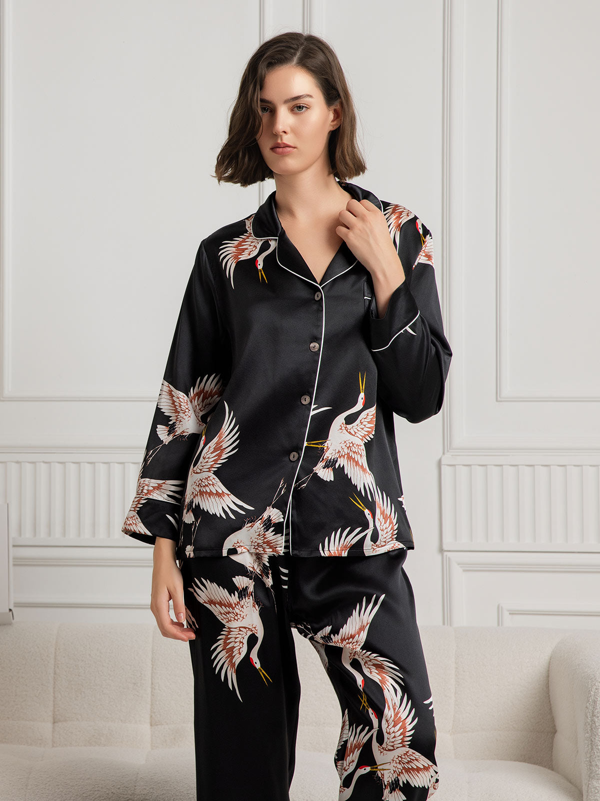 [Musta] SilkSilky-FI 19Momme Pure Silk Long Sleeve Lapel Naisten Pyjamat 003