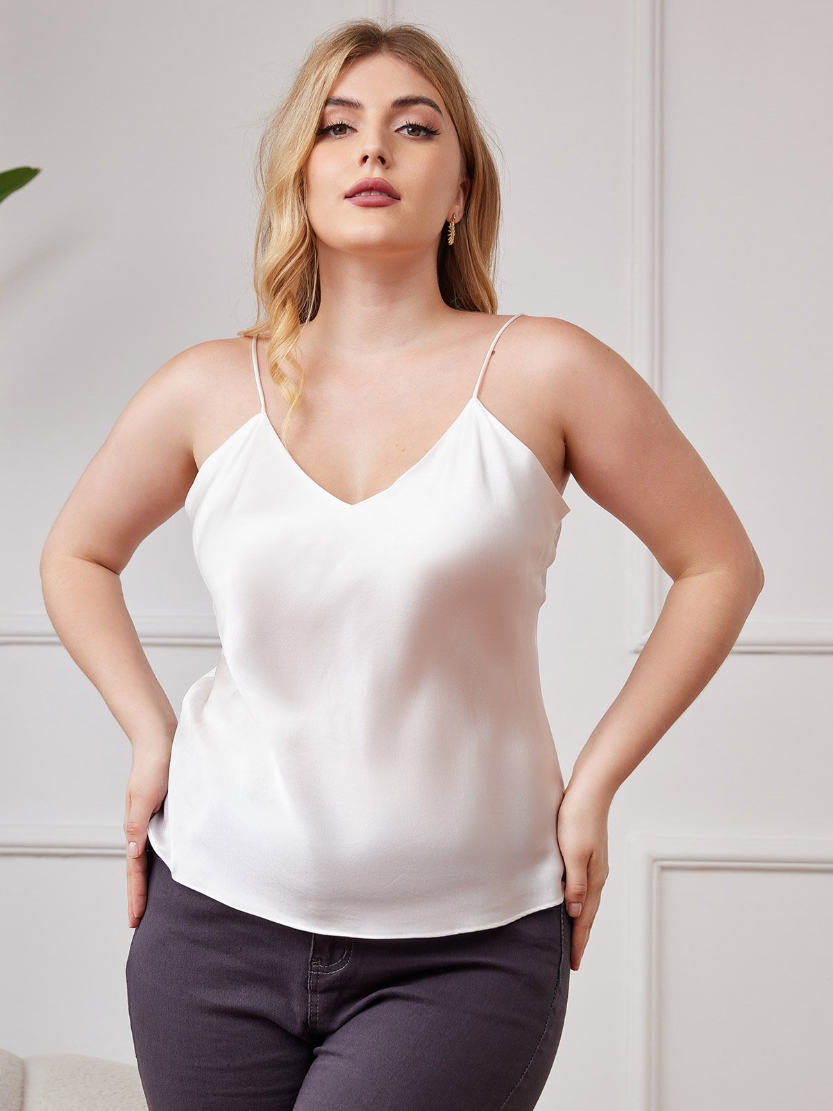 [Valkoinen] SilkSilky-FI Pure Silk Deep V Neck Plus-koon Camisole Top 004