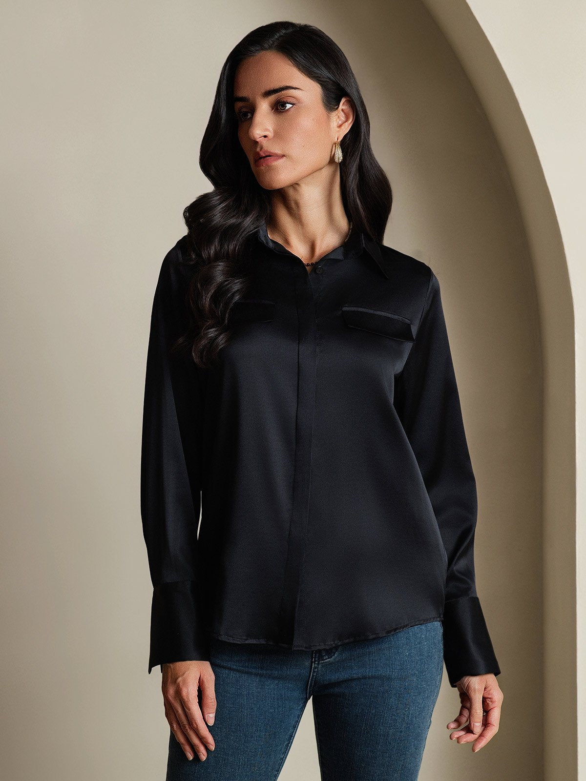 SilkSilky-FI 19Momme Womens Shirt Musta 005