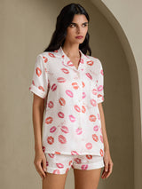 [Valkoinen Huulipuna] SilkSilky-FI Short Sleeve Notch Collar Naisten Pyjamat 001
