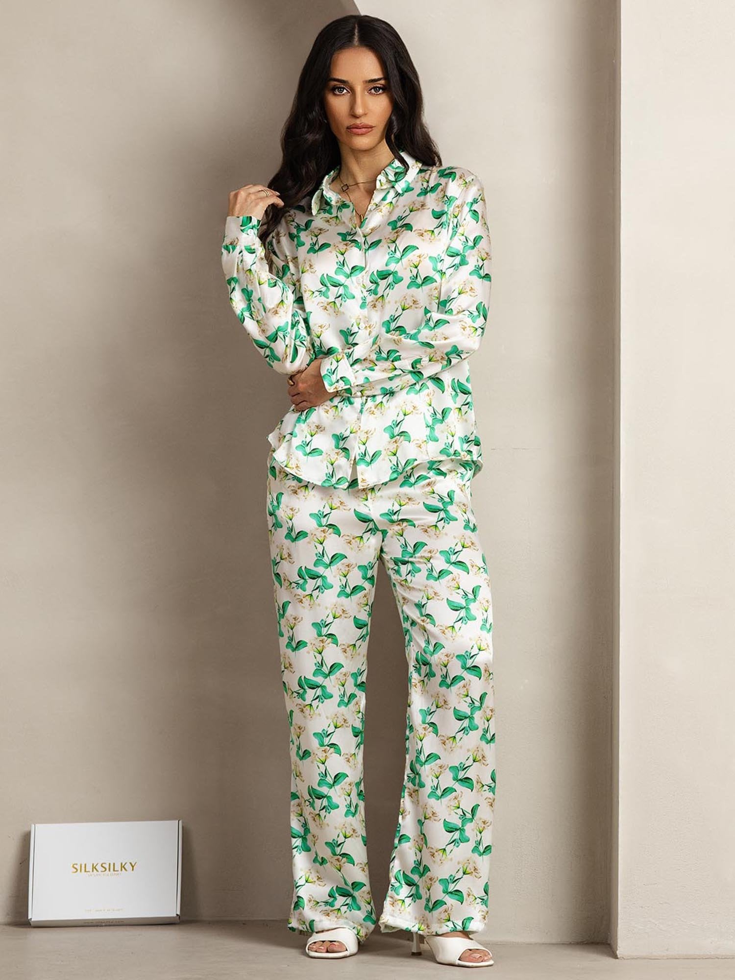[VihreäKukka] SilkSilky-FI 19Momme Lapel Collar Women''s Outfit Sets 004