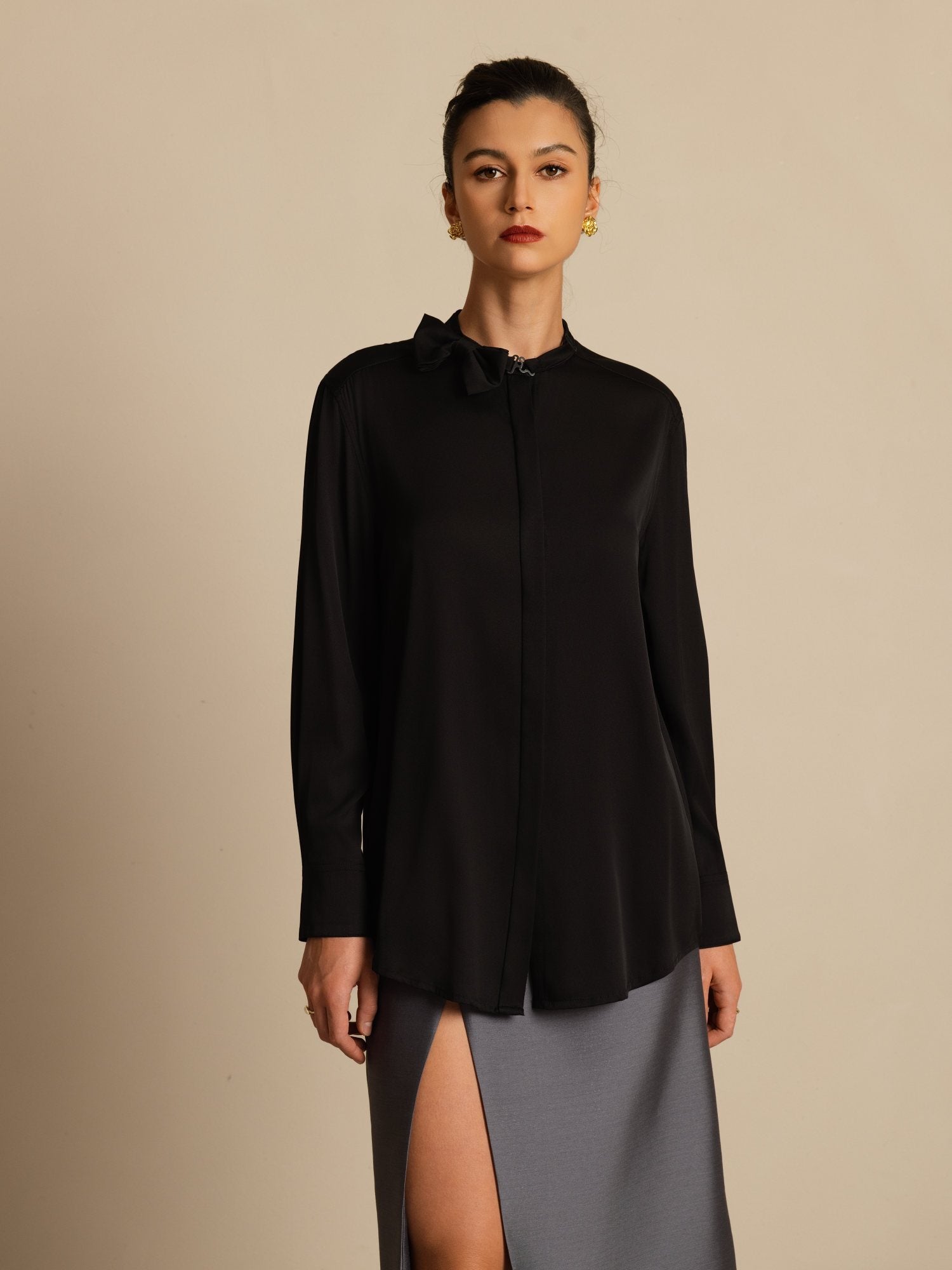 [Musta] SilkSilky-FI 19Momme Silkki Pitkähihainen Pystykaulus Pusero 001