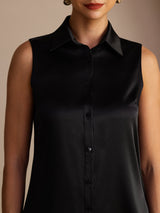[Musta] SilkSilky-FI Sleeveless Lapel Collar Naisten paita 004