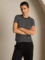 [Musta Raita] SilkSilky-FI Short Sleeve Crew Neck Naisten T-paita 005