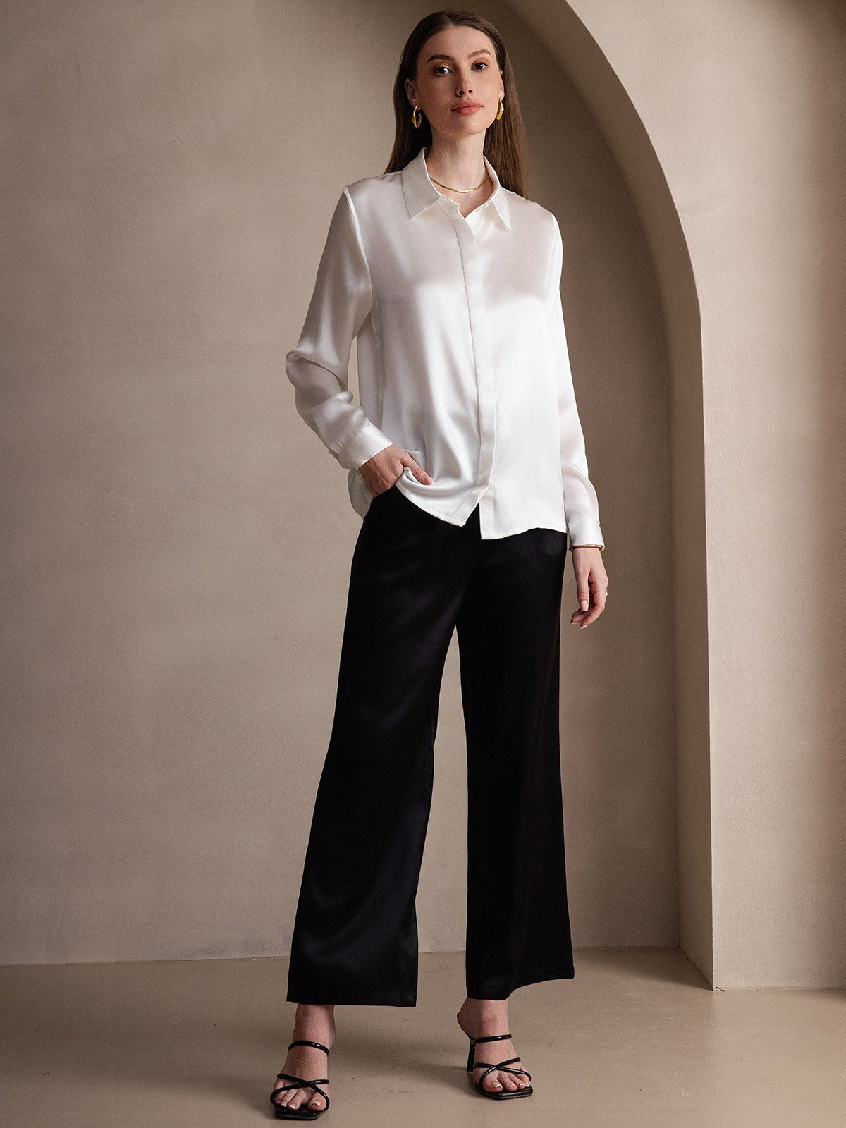 [Valkoinen] SilkSilky-FI 19Momme Womens Shirt 007