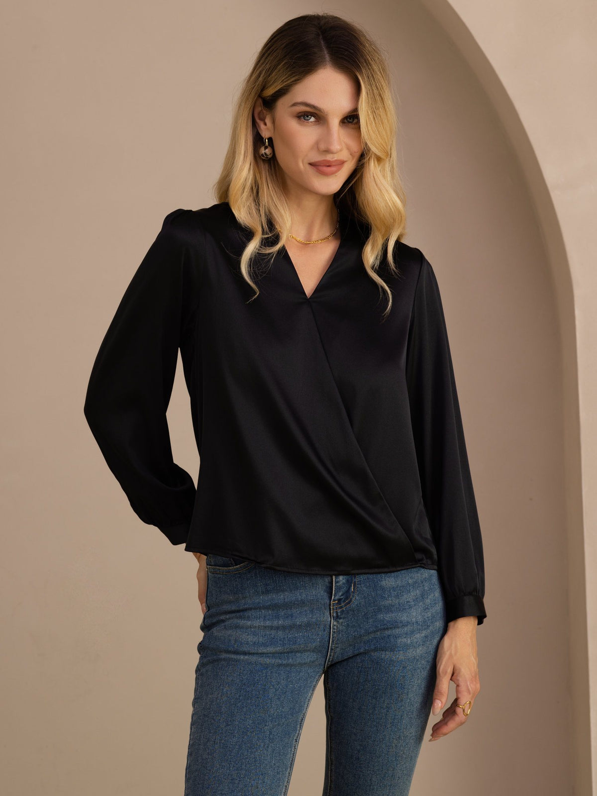 [Musta] SilkSilky-FI Long Sleeve Wrap Naisten Puserot 001