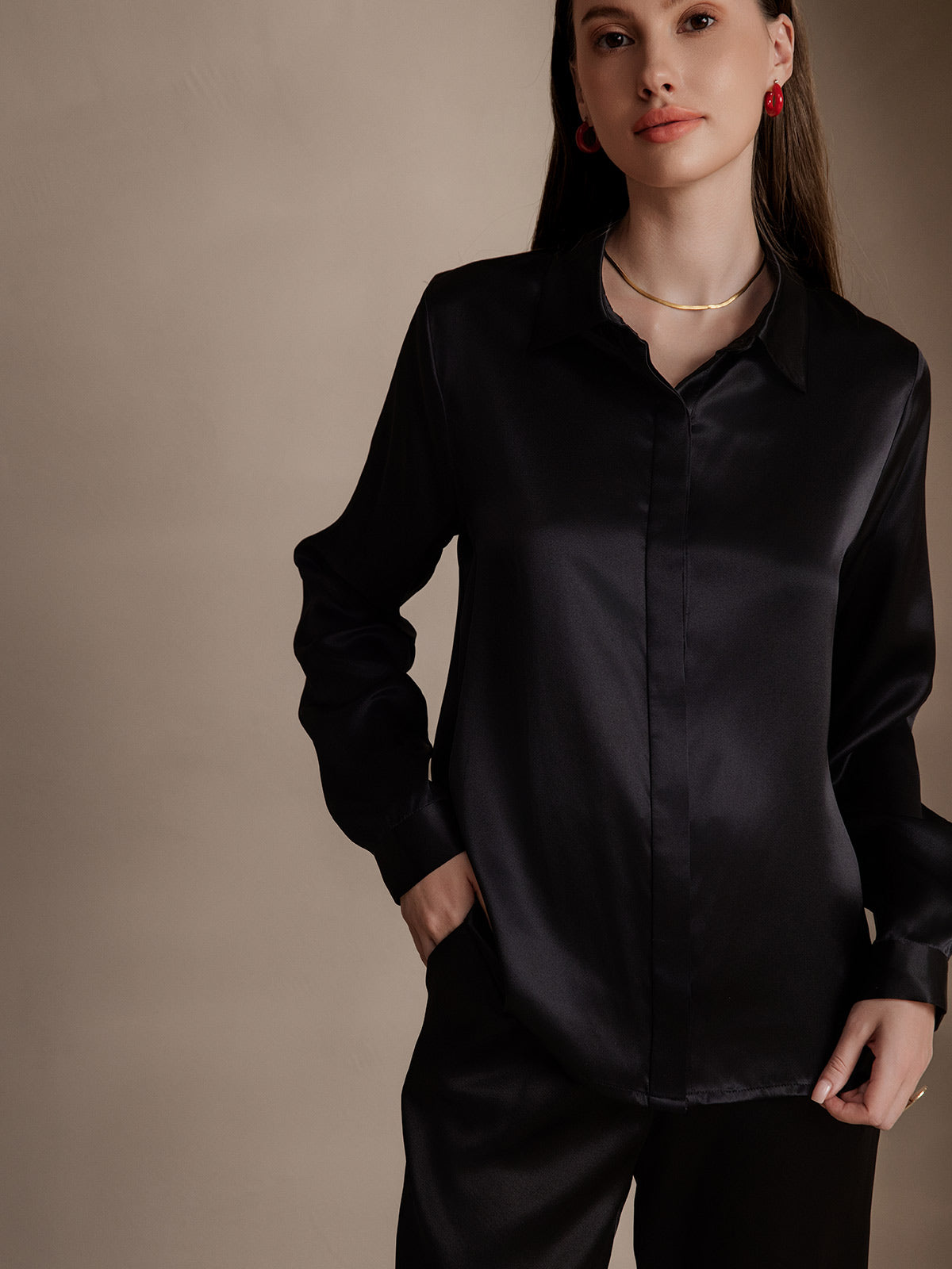 [Musta] SilkSilky-FI 19Momme Lapel Collar Naisten paita 001