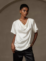 [Valkoinen] SilkSilky-FI Short Sleeve Cowl Neck Naisten Puserot 003