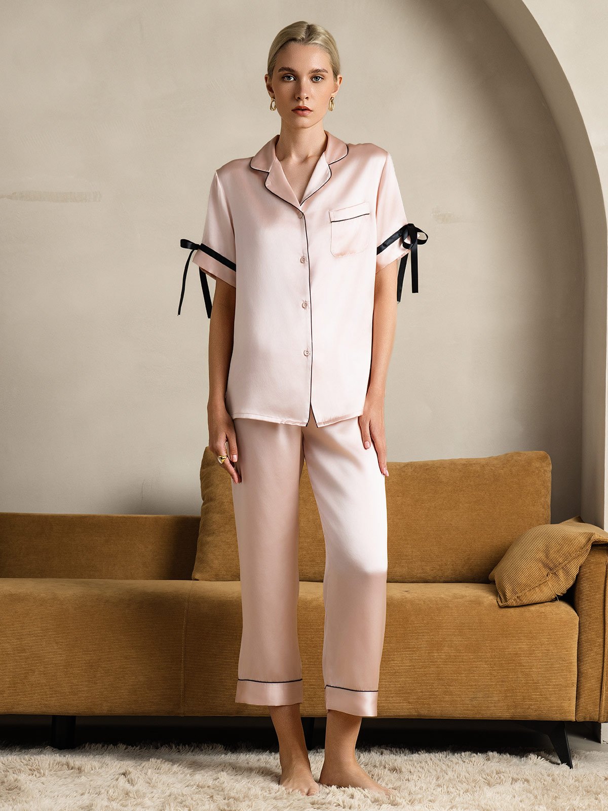 [Pinkki] SilkSilky-FI Pure Silk Short Sleeve Lapel Naisten Pyjamat 001