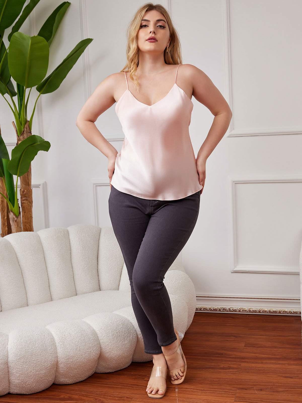 [Pinkki] SilkSilky-FI Pure Silk Deep V Neck Plus-koon Camisole Top 004