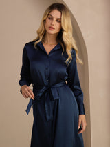 [Tummansininen] SilkSilky-FI Long Sleeve Lapel Collar Mekko 003