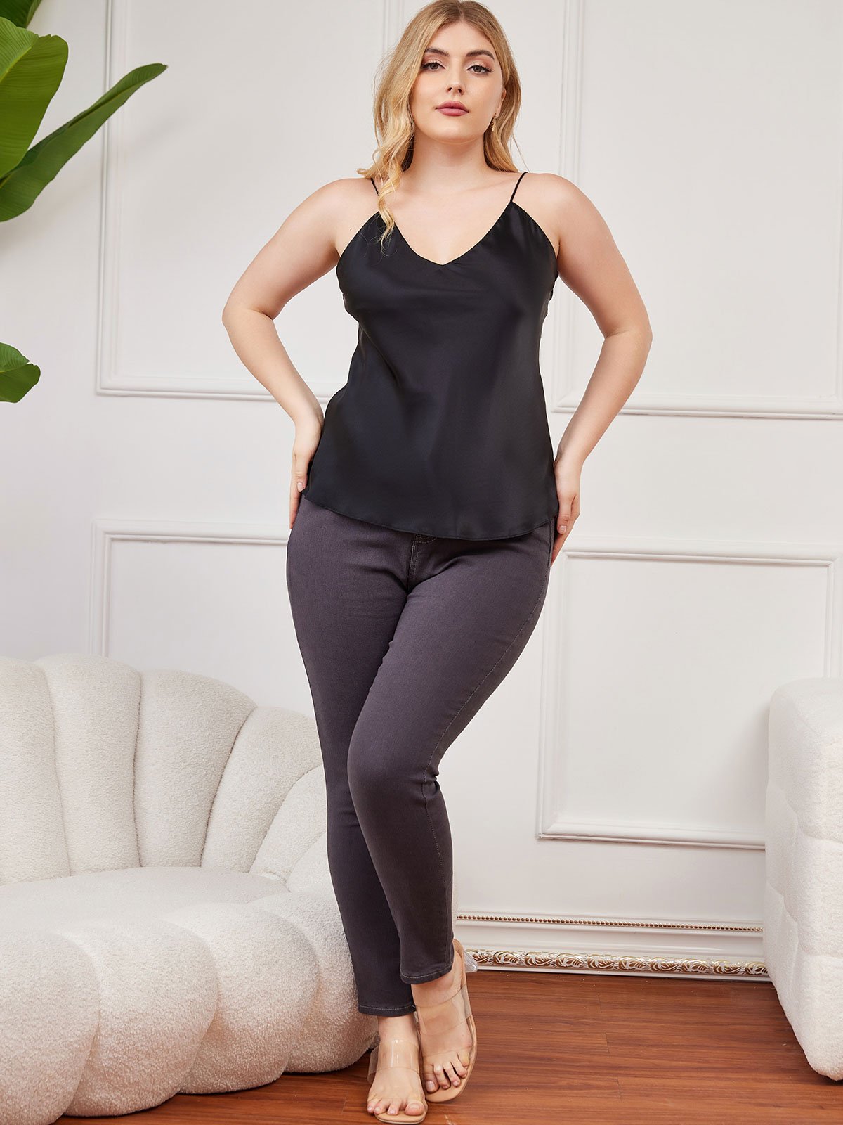 [Musta] SilkSilky-FI Pure Silk Deep V Neck Plus-koon Camisole Top 004