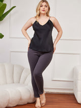 [Musta] SilkSilky-FI Spagettihihna V Pääntie Plus-koon Camisole Top 004