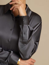 [Tumman Harmaa] SilkSilky-FI Long Sleeve Lapel Collar Naisten paita 005