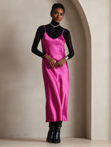[Ruusunpunainen] SilkSilky-FI Spaghetti Strap V Neck Mekko 001