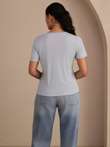 [Harmaansininen] SilkSilky-FI Short Sleeve V Neck Naisten T-paita 002