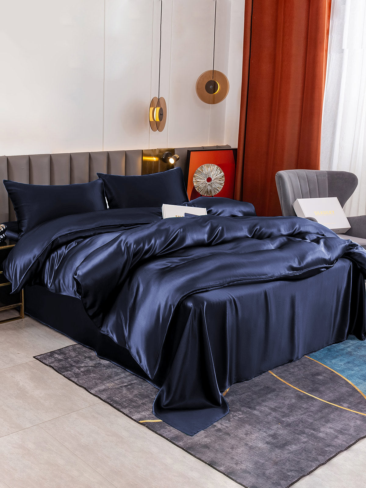 [Tummansininen] SilkSilky-FI 19Momme Bedding Set 001