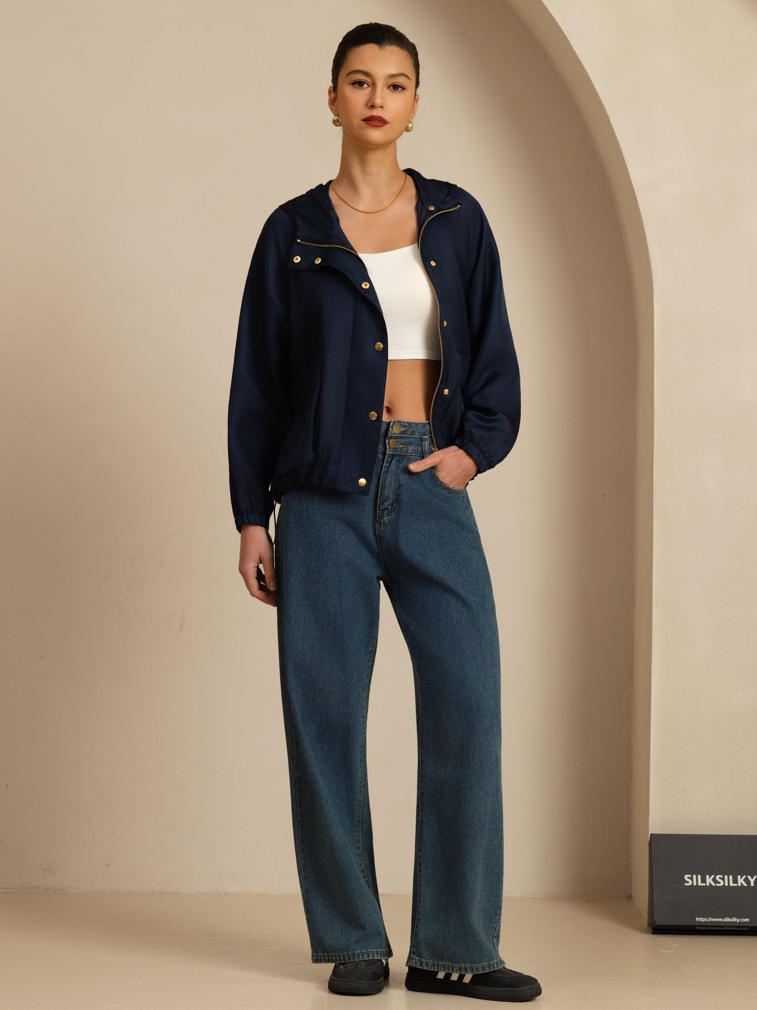 [Tummansininen] SilkSilky-FI Pitkähihainen Korkea Kaulus Naisten Päällysvaatteet 008