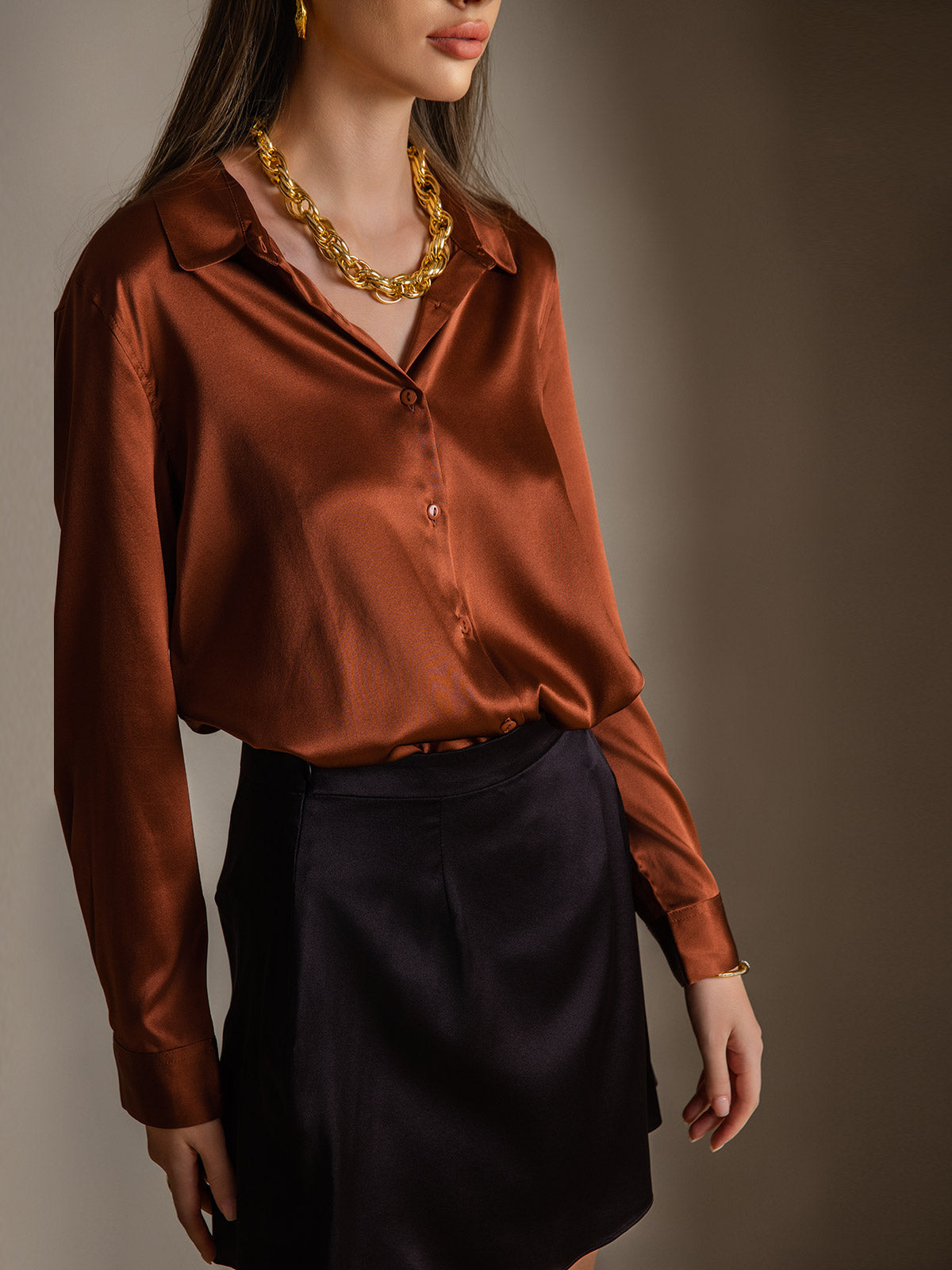[Kahvi] SilkSilky-FI Lapel Collar Naisten paita 001