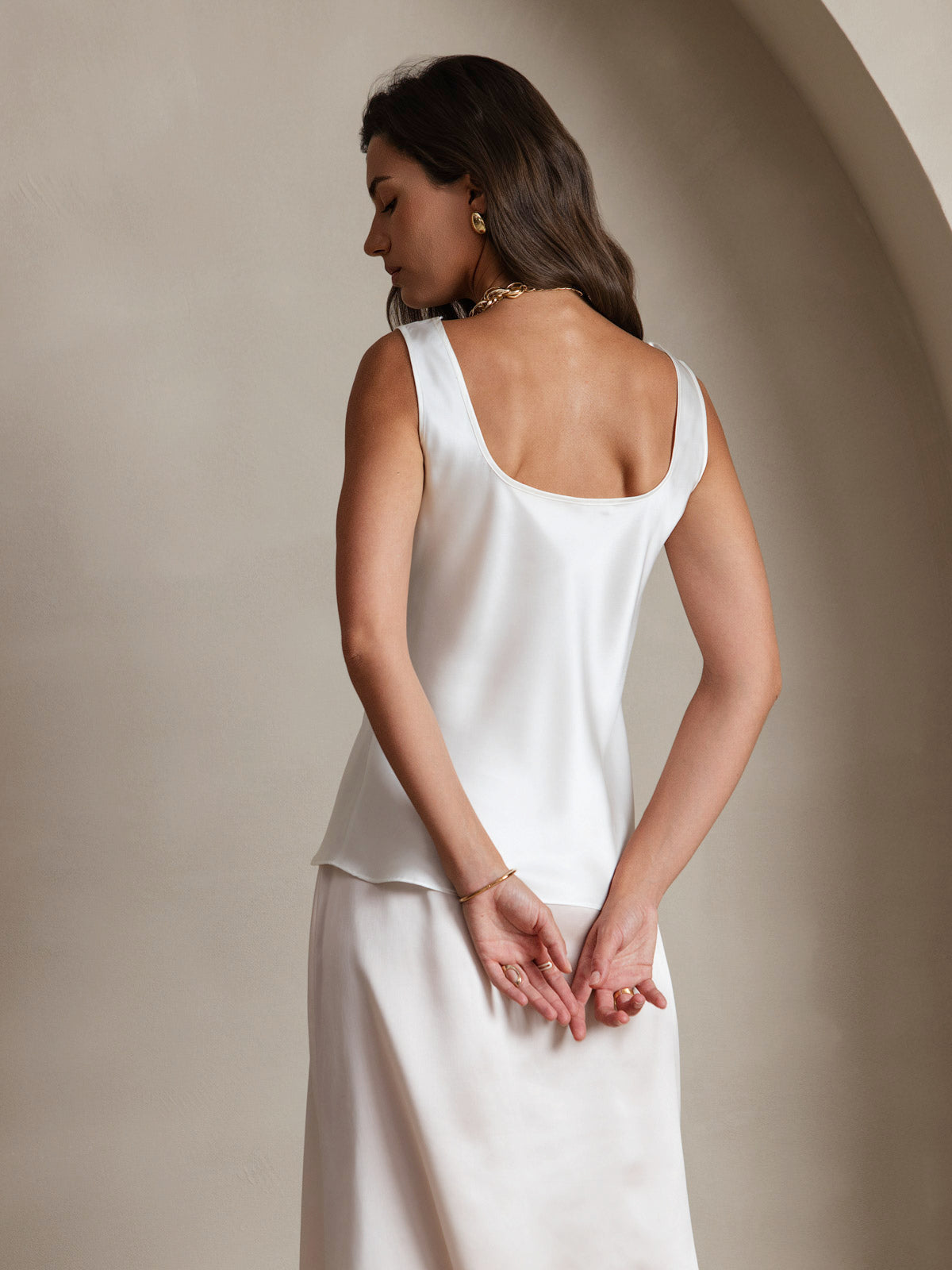 [Valkoinen] SilkSilky-FI 19Momme Hihaton Syvä Pyöreä Pääntie Camisole Top 002
