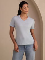 [Harmaansininen] SilkSilky-FI Short Sleeve V Neck Naisten T-paita 001