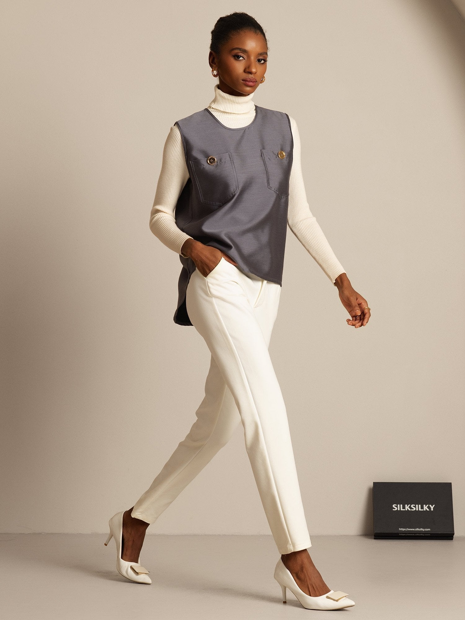 [Harmaa] SilkSilky-FI 32Momme Silk-Wool Blend Womens Vest 005,