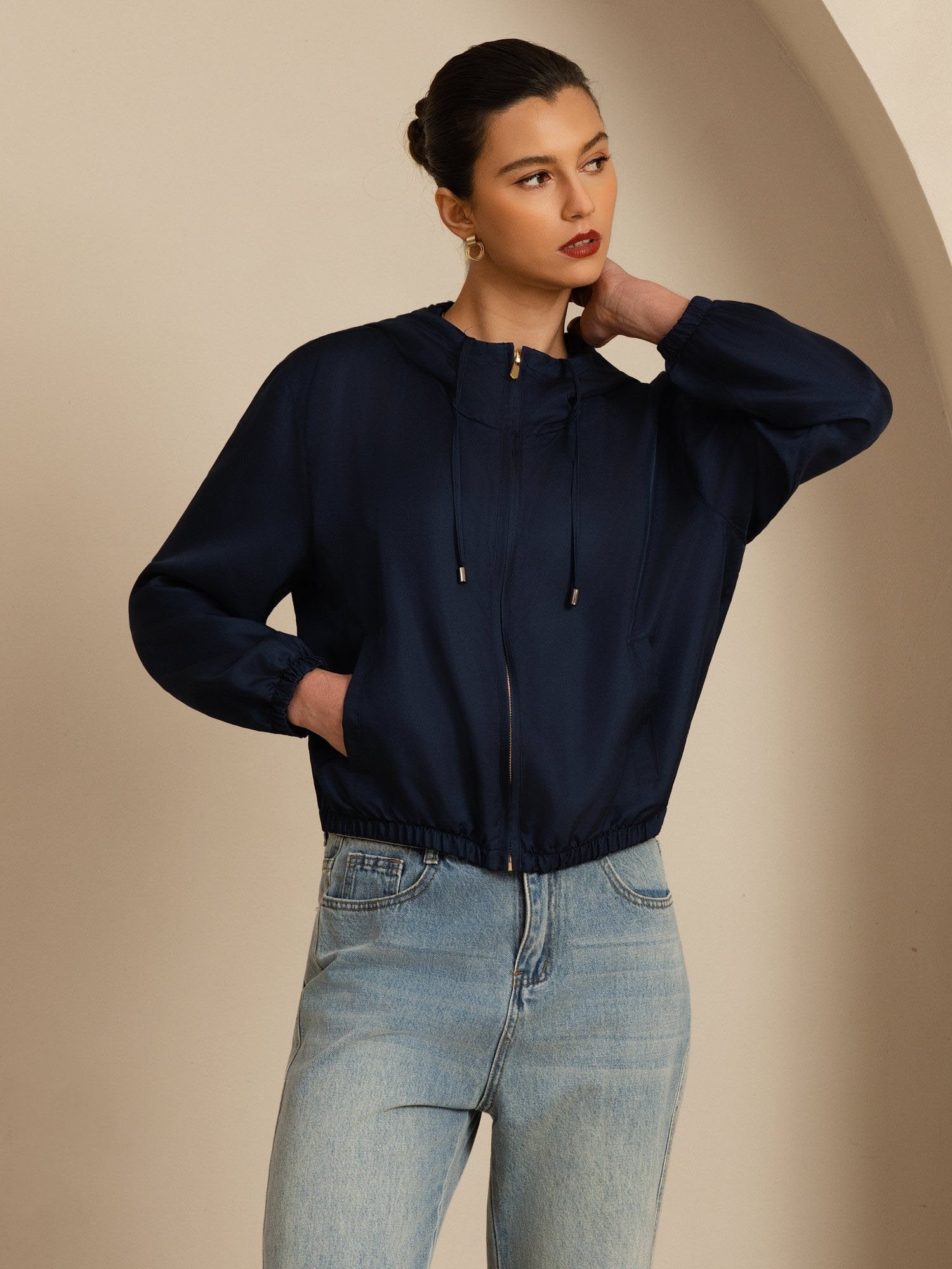 [Tummansininen] SilkSilky-FI 18Momme Pitkähihainen Pystykaulus Naisten Päällysvaatteet 001