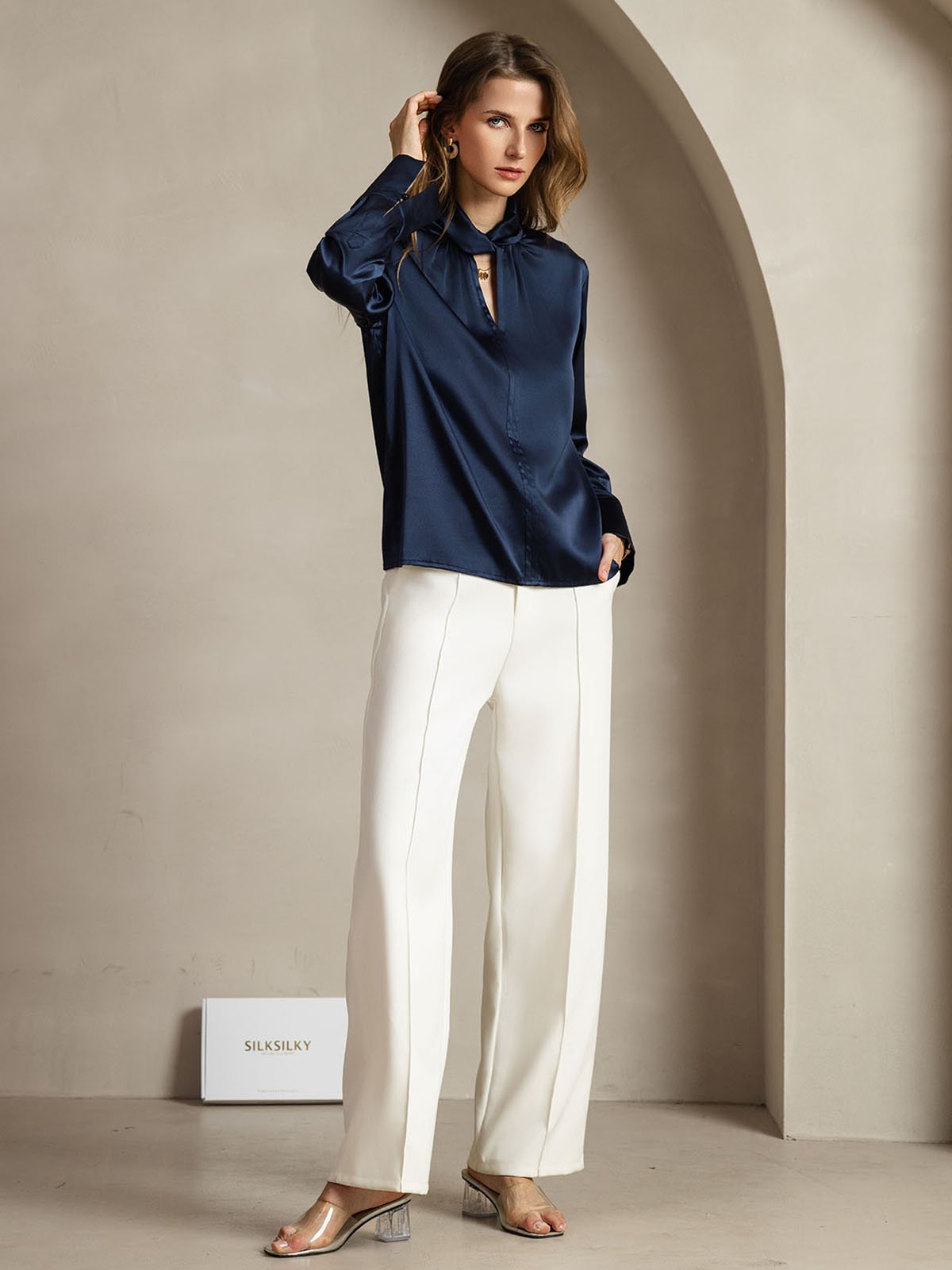 [Tummansininen] SilkSilky-FI 19Momme Womens Shirt 007