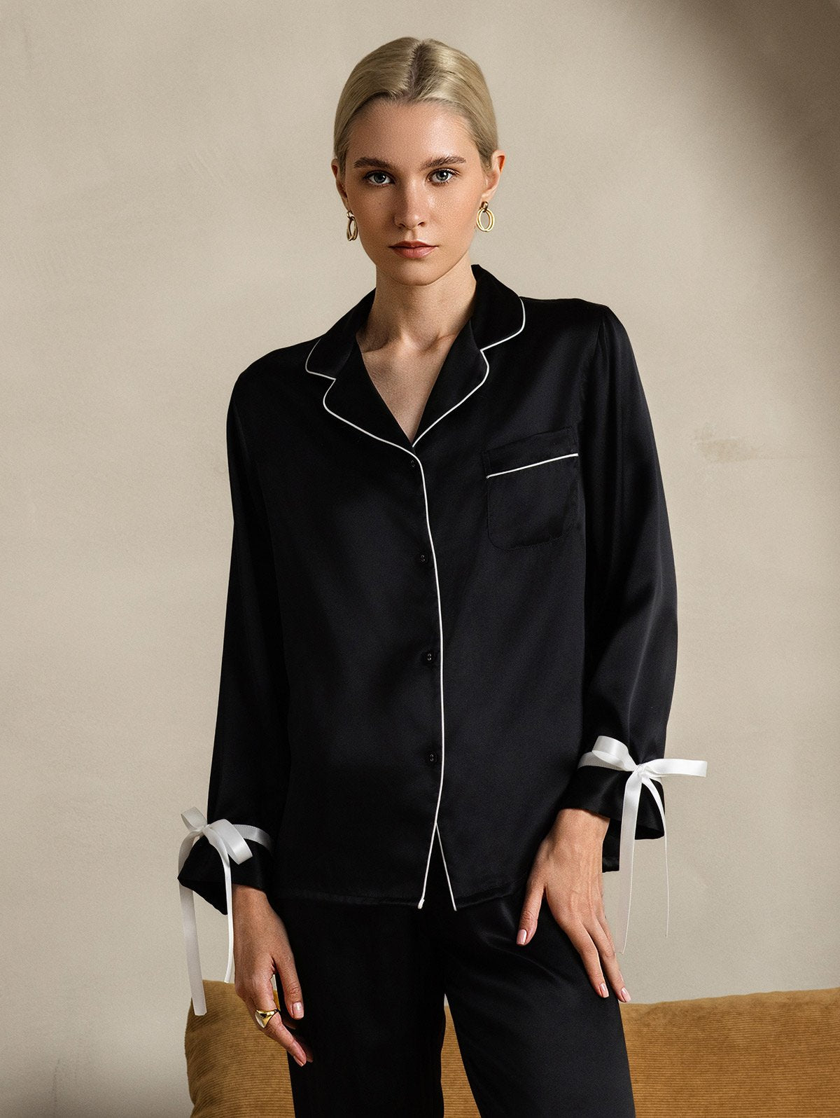[Musta] SilkSilky-FI Pure Silk Long Sleeve Lapel Naisten Pyjamat 001