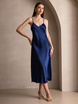 [Tummansininen] SilkSilky-FI Spaghetti Strap V Neck Mekko 001
