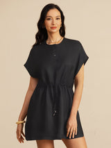 [Musta] SilkSilky-FI 18Momme Lyhythihainen Hiha Henley-kaula-aukko Mekko 003