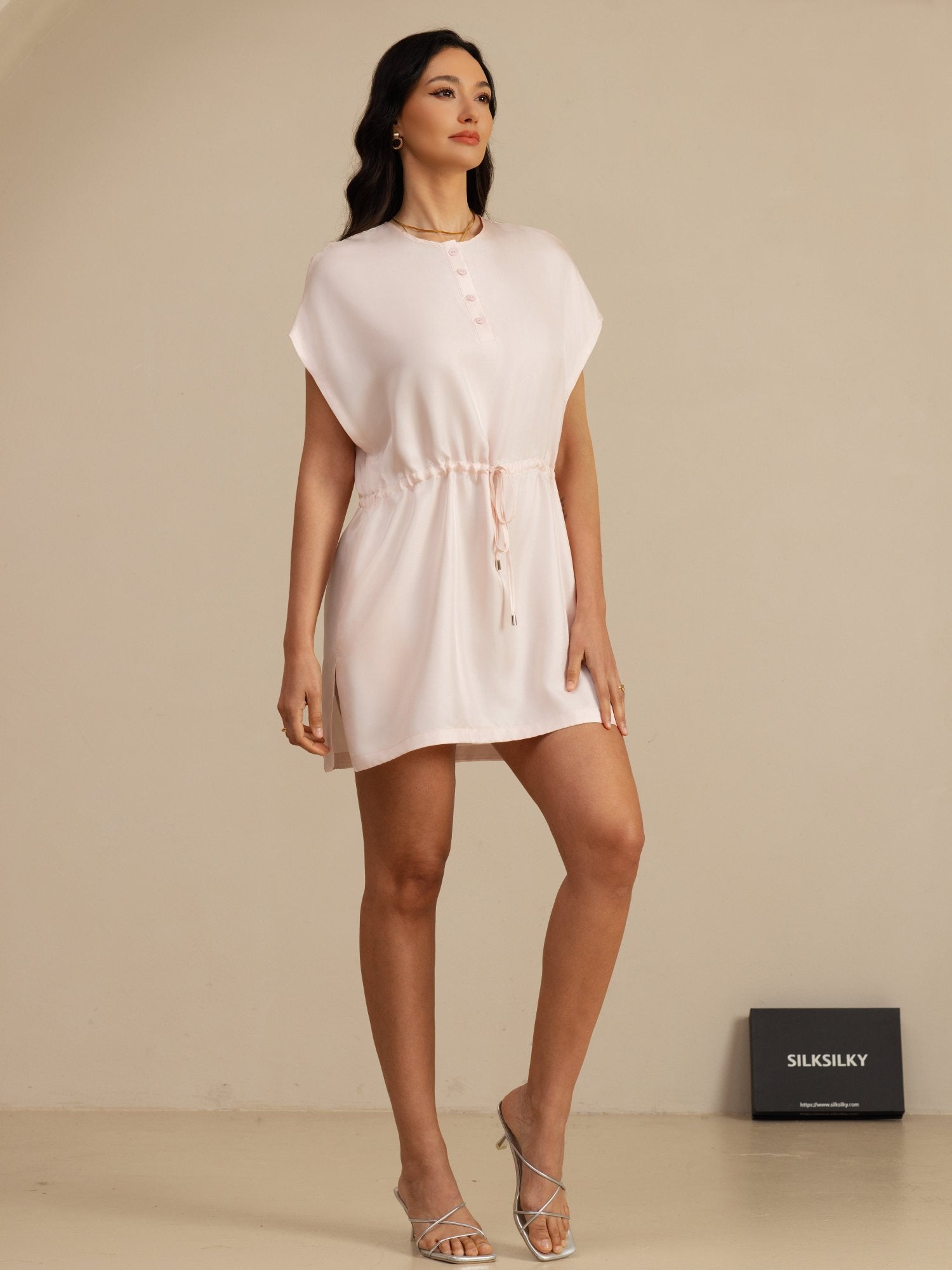 [Pinkki] SilkSilky-FI 18Momme Lyhythihainen Hiha Henley-kaula-aukko Mekko 006