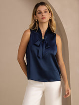 [Tummansininen] SilkSilky-FI Sleeveless Tie Neck Camisole Top 001