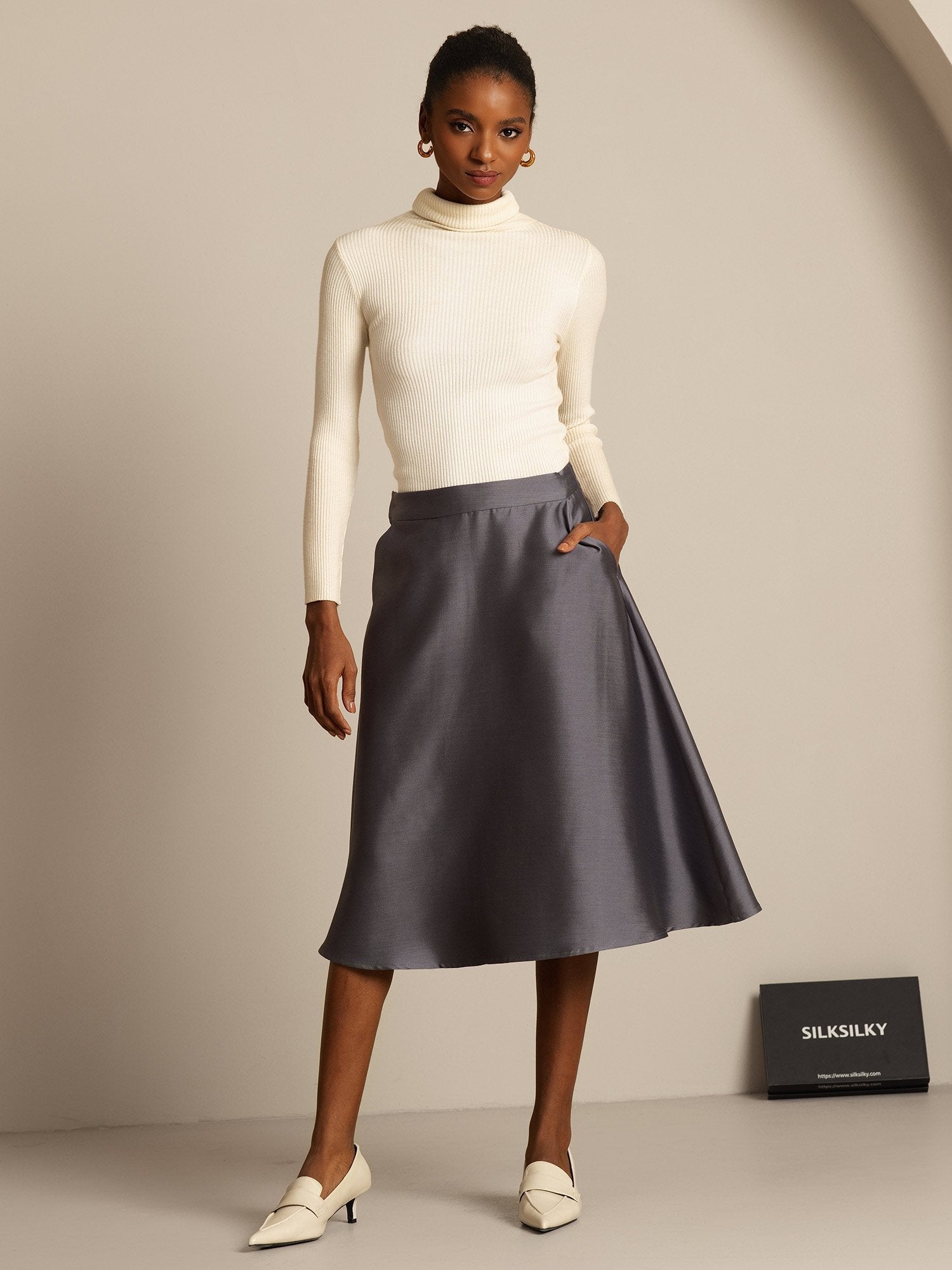 [Harmaa] SilkSilky-FI 32Momme Silk-Wool Blend Skirt 006,