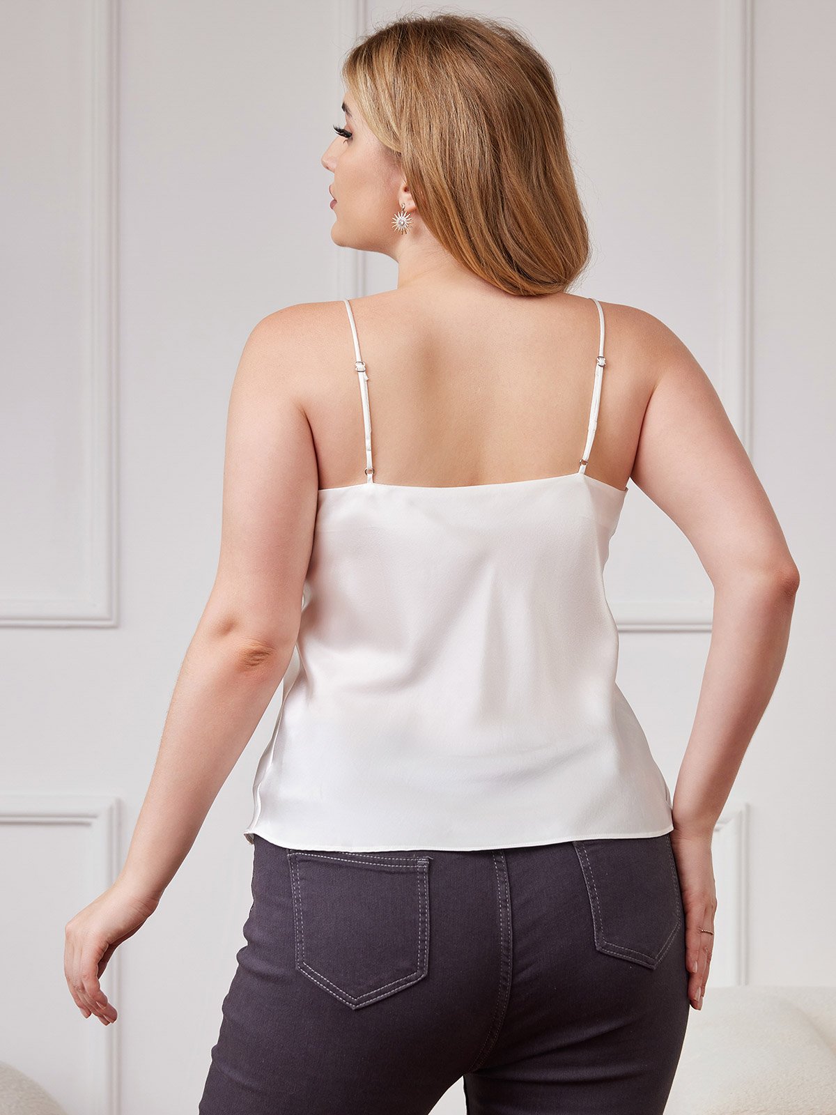 [Valkoinen] SilkSilky-FI Pure Silk Deep V Neck Plus-koon Camisole Top 002