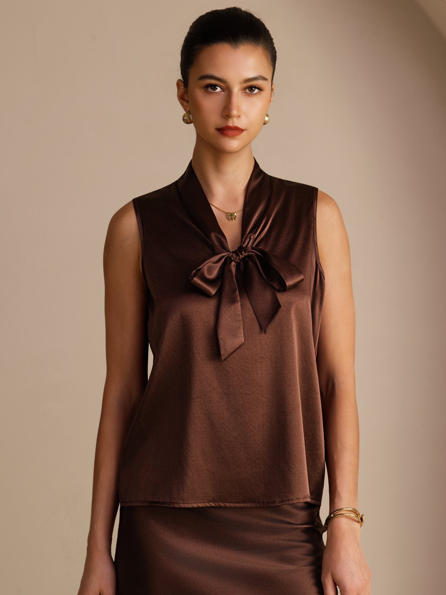 [Tumma Suklaa] SilkSilky-FI Sleeveless Tie Neck Camisole Top 001