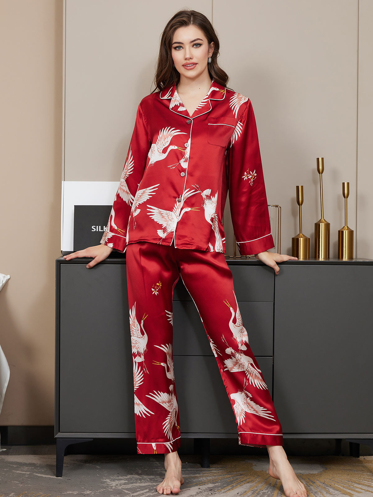 SilkSilky-FI 19Momme Womens Pajamas Tummanpunainen 003