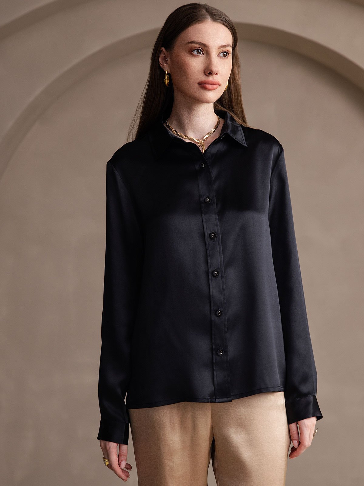 [Musta] SilkSilky-FI 19Momme Silk Long Sleeve Collar Naisten paita 001
